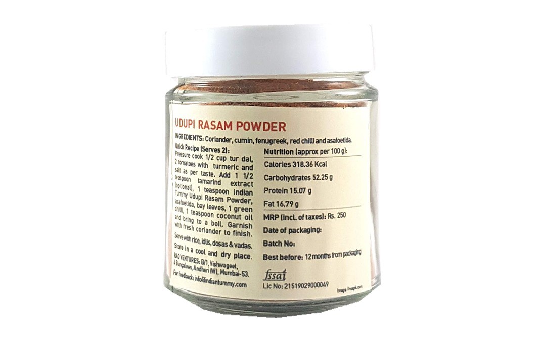 Indian Tummy Udupi Rasam Powder    Glass Jar  100 grams